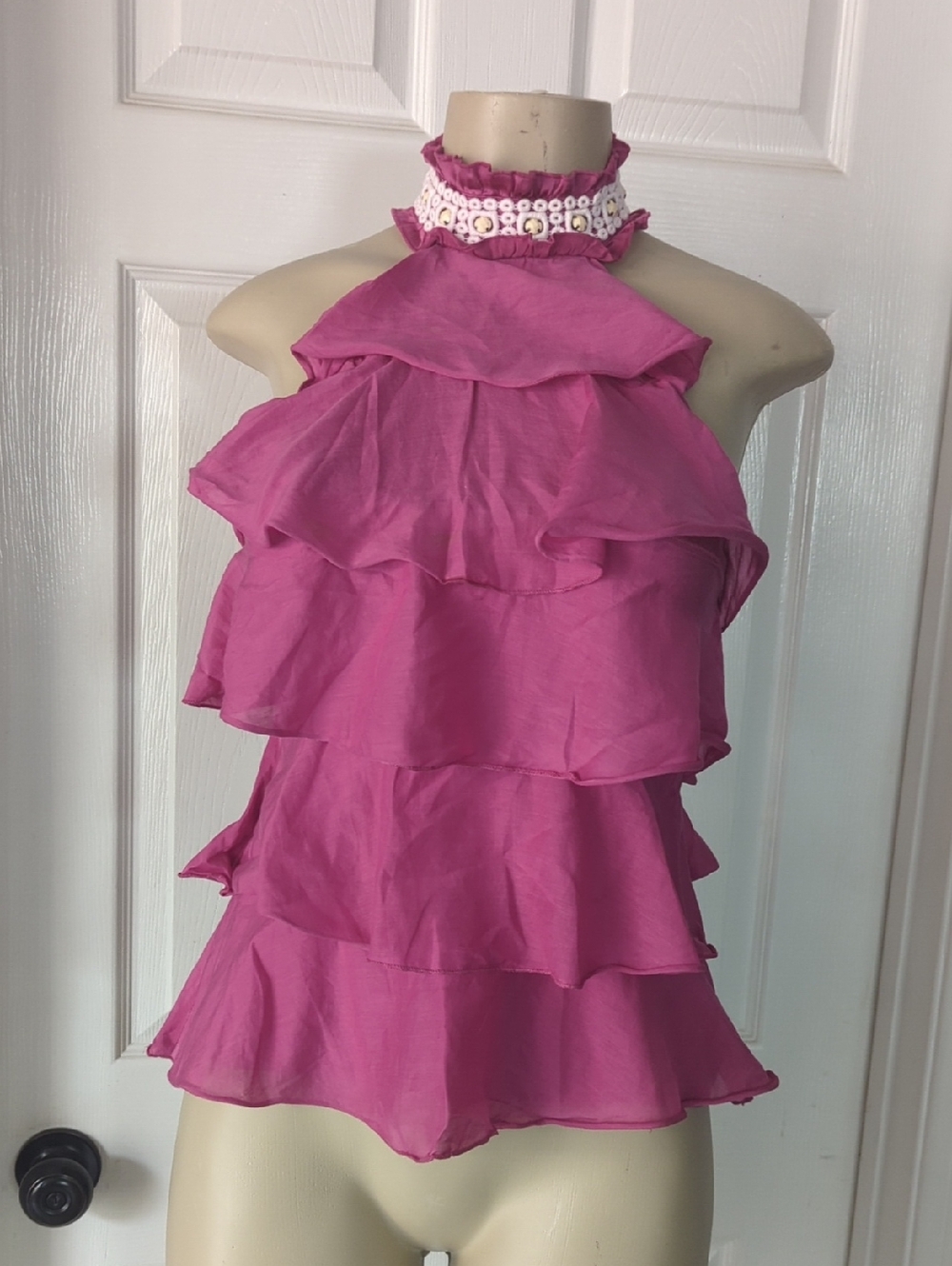 bebe Fuchsia Tiered Ruffle Halter Crop Top with Embellished Choker